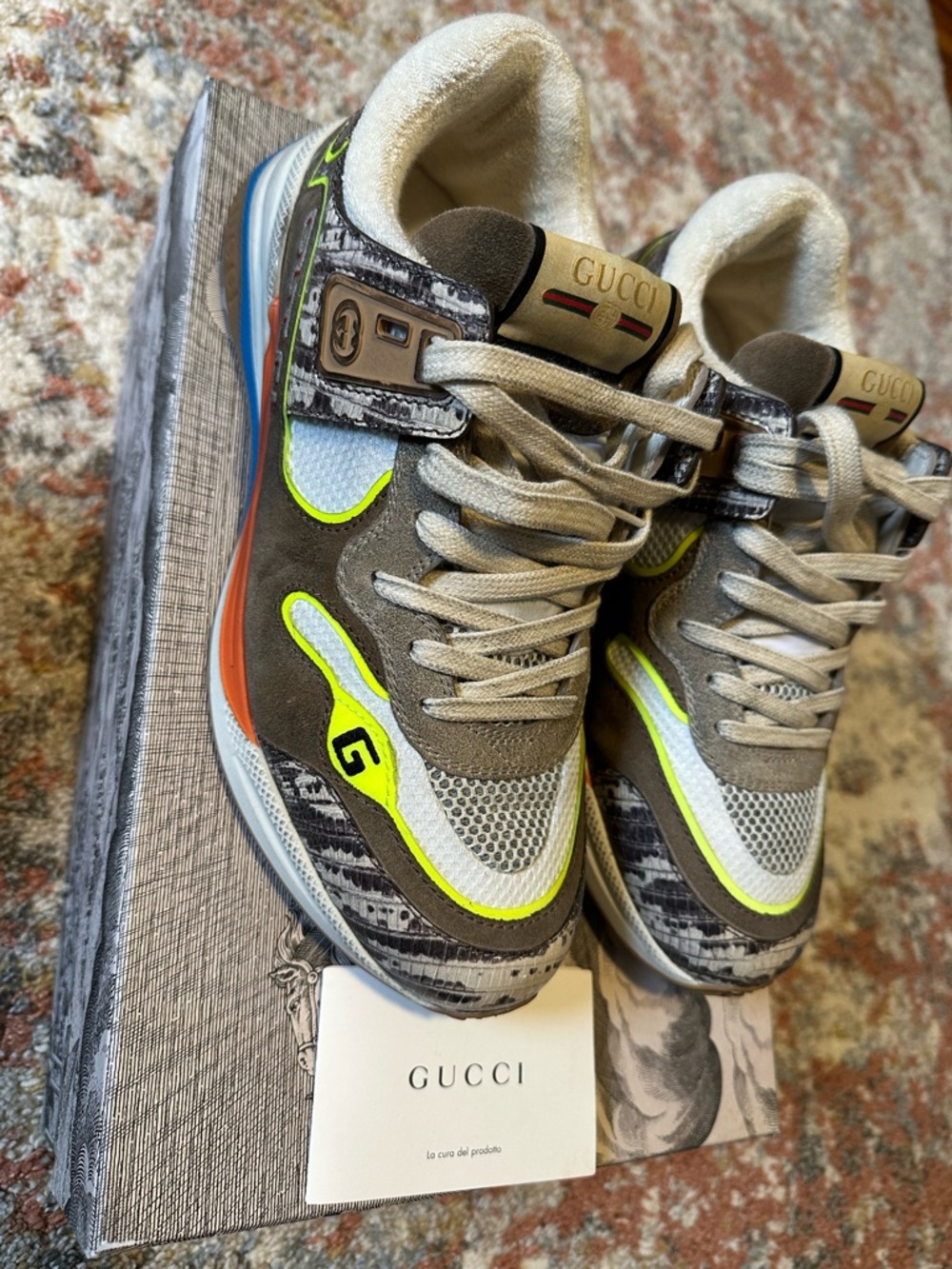 Gucci Beige, White and Neon Yellow Mixed-Material Sneakers - Picture 5 of 6